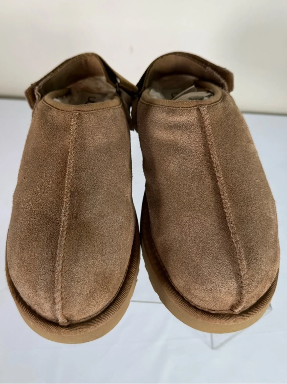 UGG Lanah Chestnut Suede Leather Platform Clogs Mules Fur Lined Slippers Size 9 - Picture 4 of 13